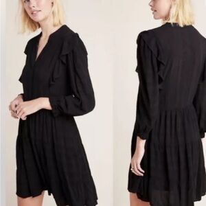 NEW Anthropologie Amadi Black Long Sleeve Rossi Ruffled Tunic Shirt Dress L NWT